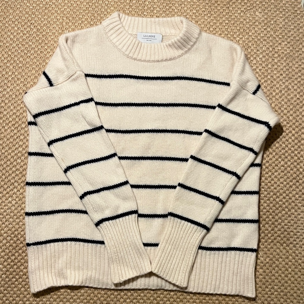 La Ligne Marin Sweater | US M | Cream/Navy Striped Wool & Cashmere Crewneck - Picture 3 of 16